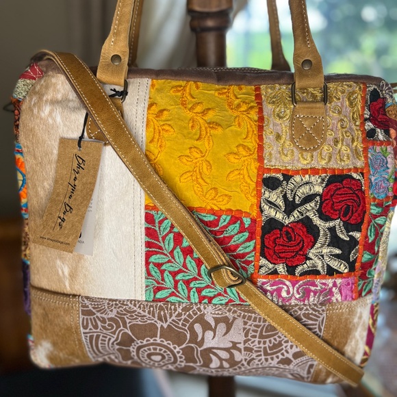 New Crossbody Hippie Patchwork Old Work Cloth, Leather Cowhide Canvas Bag - Picture 1 of 9